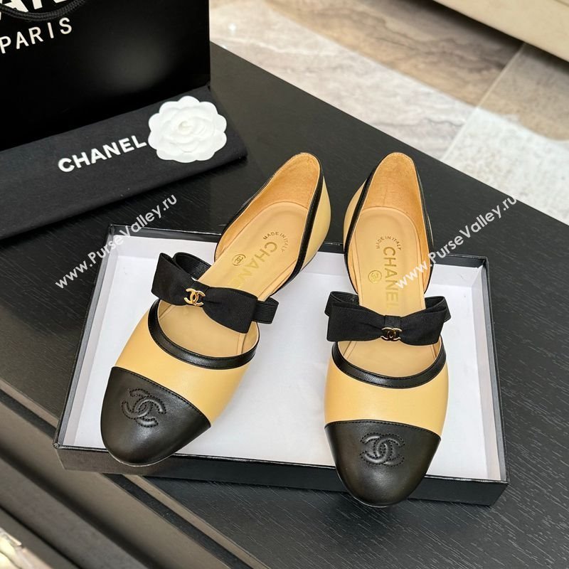 Chanel Calfskin Leather Mary Janes Flat Shoes with Bow Beige/Black 2025 G46701 (MD-250901101)