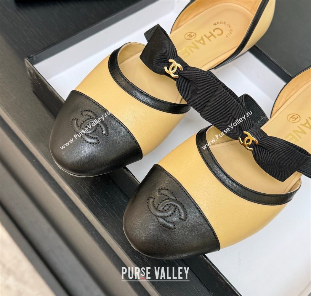 Chanel Calfskin Leather Mary Janes Flat Shoes with Bow Beige/Black 2025 G46701 (MD-250901101)