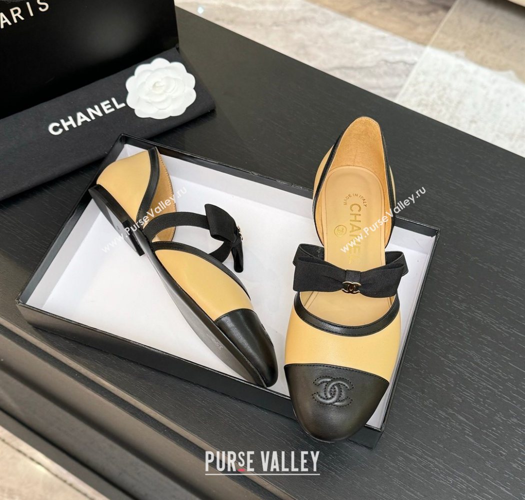 Chanel Calfskin Leather Mary Janes Flat Shoes with Bow Beige/Black 2025 G46701 (MD-250901101)