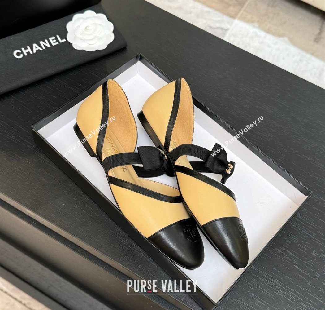 Chanel Calfskin Leather Mary Janes Flat Shoes with Bow Beige/Black 2025 G46701 (MD-250901101)