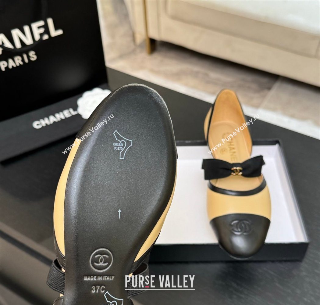 Chanel Calfskin Leather Mary Janes Flat Shoes with Bow Beige/Black 2025 G46701 (MD-250901101)