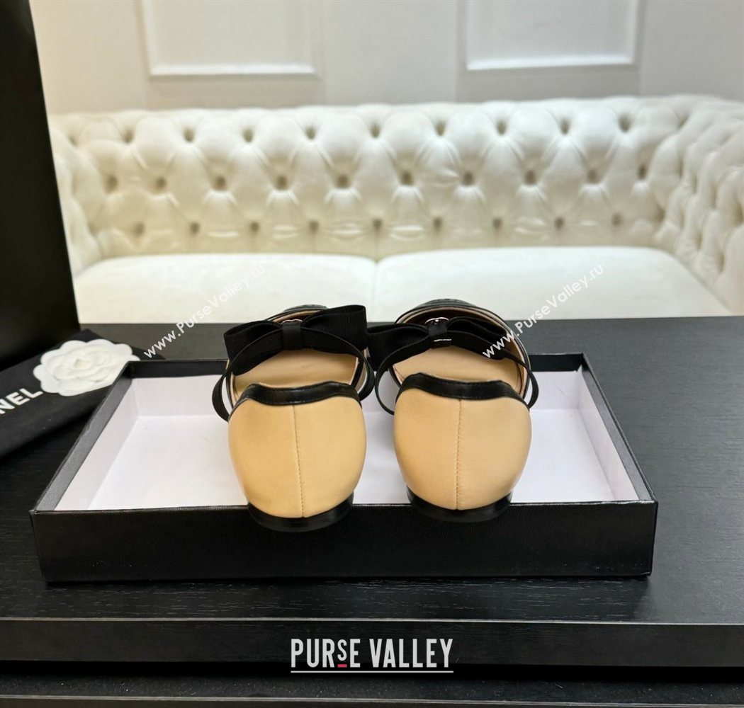 Chanel Calfskin Leather Mary Janes Flat Shoes with Bow Beige/Black 2025 G46701 (MD-250901101)