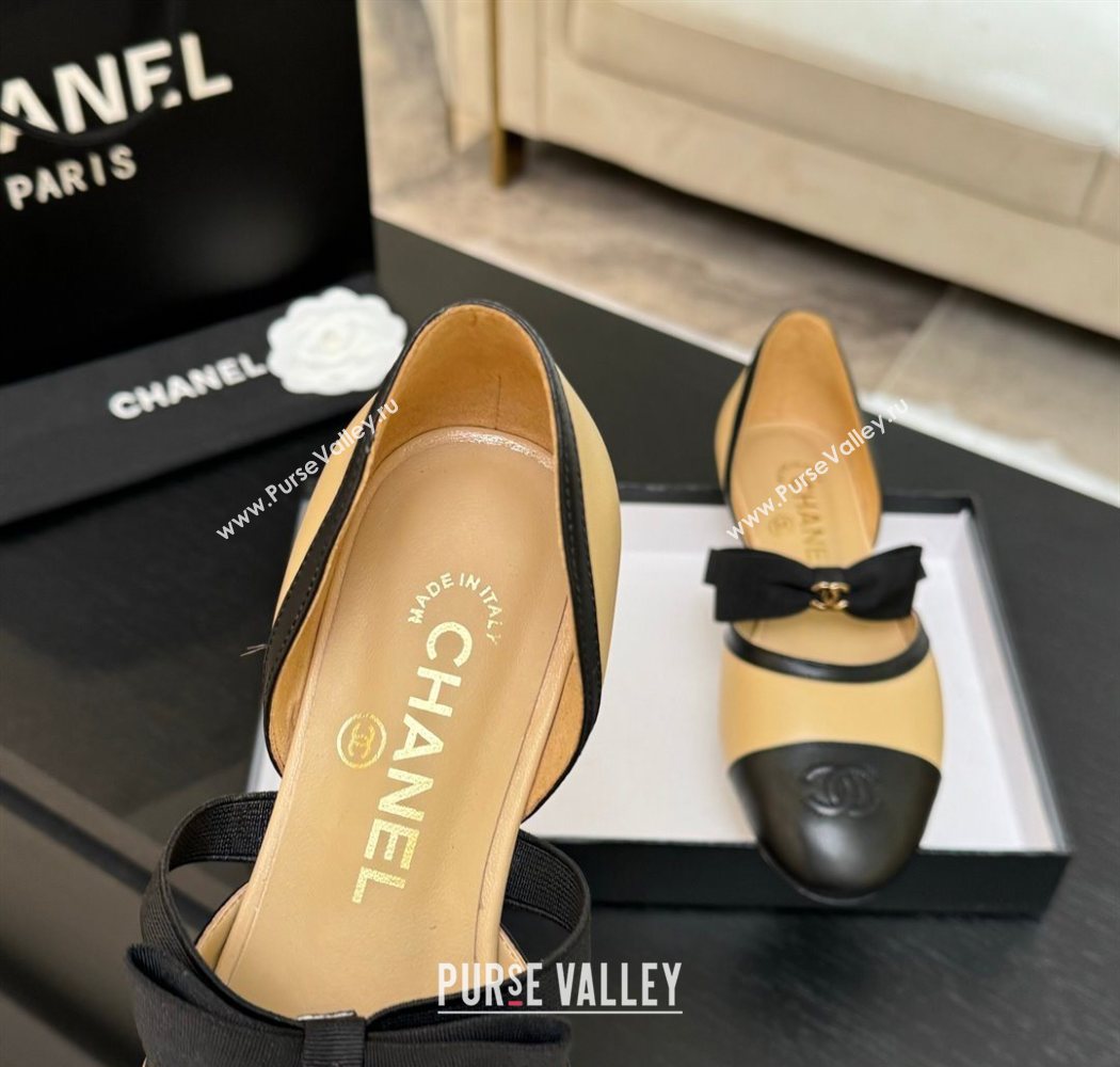 Chanel Calfskin Leather Mary Janes Flat Shoes with Bow Beige/Black 2025 G46701 (MD-250901101)