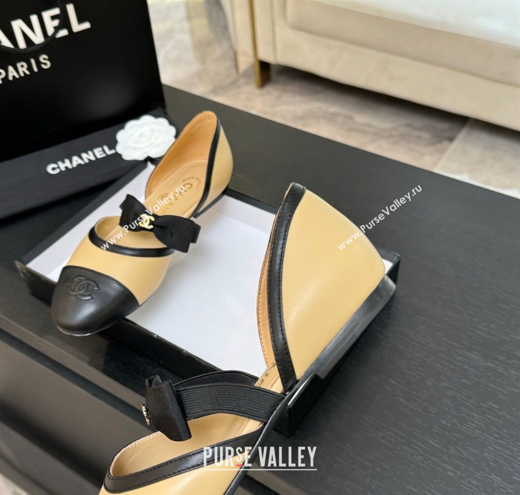 Chanel Calfskin Leather Mary Janes Flat Shoes with Bow Beige/Black 2025 G46701 (MD-250901101)