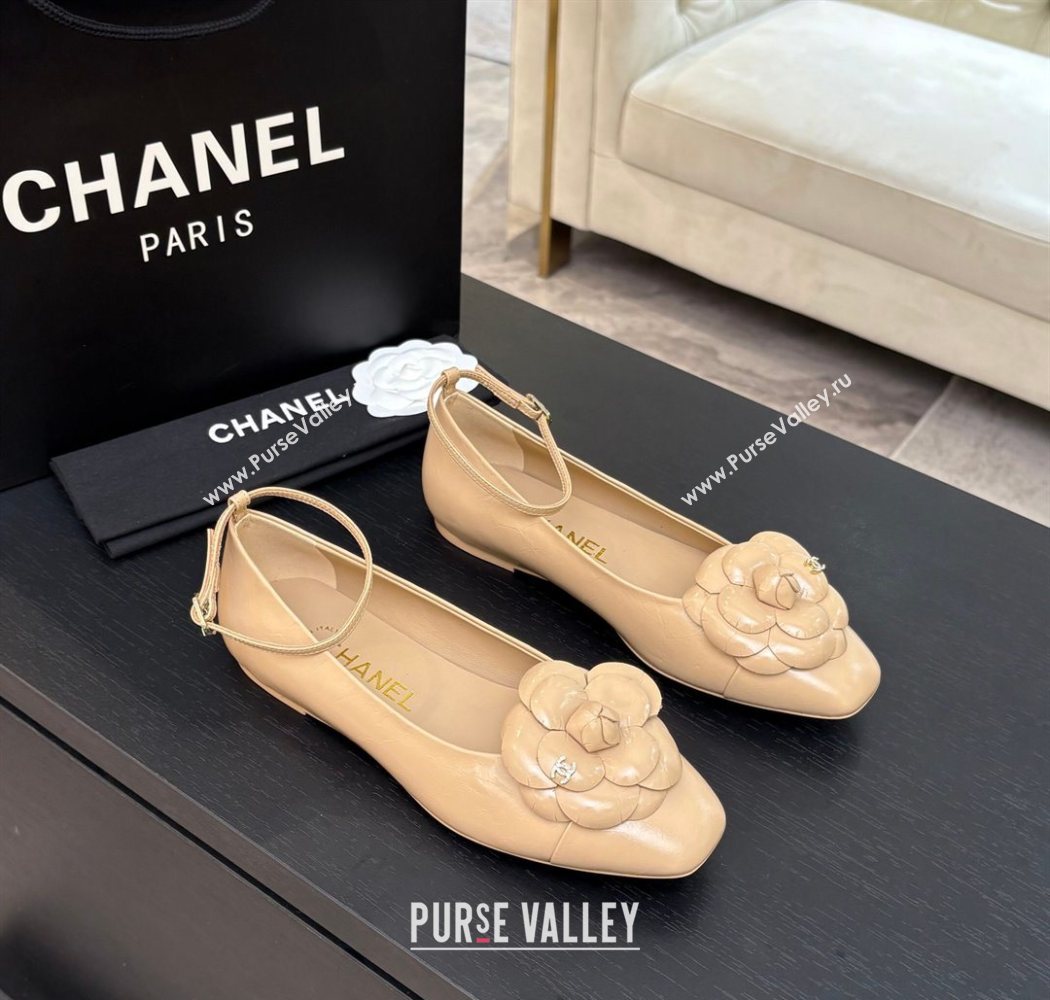 Chanel Shiny Calfskin Ballet flats with Ankle Strap and Camellia White 2025 G46520 (MD-250901181)
