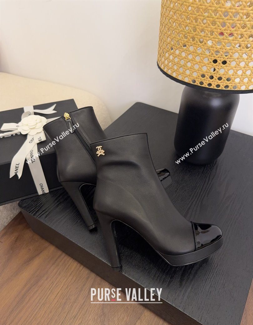 Chanel Lambskin Patent Leather Heel Platform Ankle Boots Black 2025 CH083004 (MD-250830019)