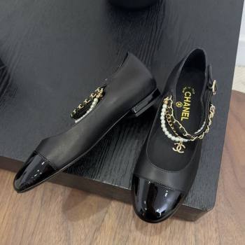 Chanel Lambskin Patent Calfskin Mary Janes Ballet Flats with Chain and Pearls Black 2025 G46718 (MD-250902009)