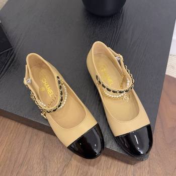 Chanel Lambskin Patent Calfskin Mary Janes Ballet Flats with Chain and Pearls Beige 2025 G46718 (MD-250902010)