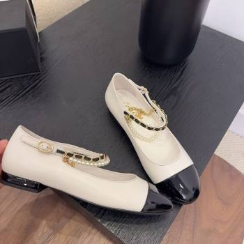 Chanel Lambskin Patent Calfskin Mary Janes Ballet Flats with Chain and Pearls White 2025 G46718 (MD-250902011)
