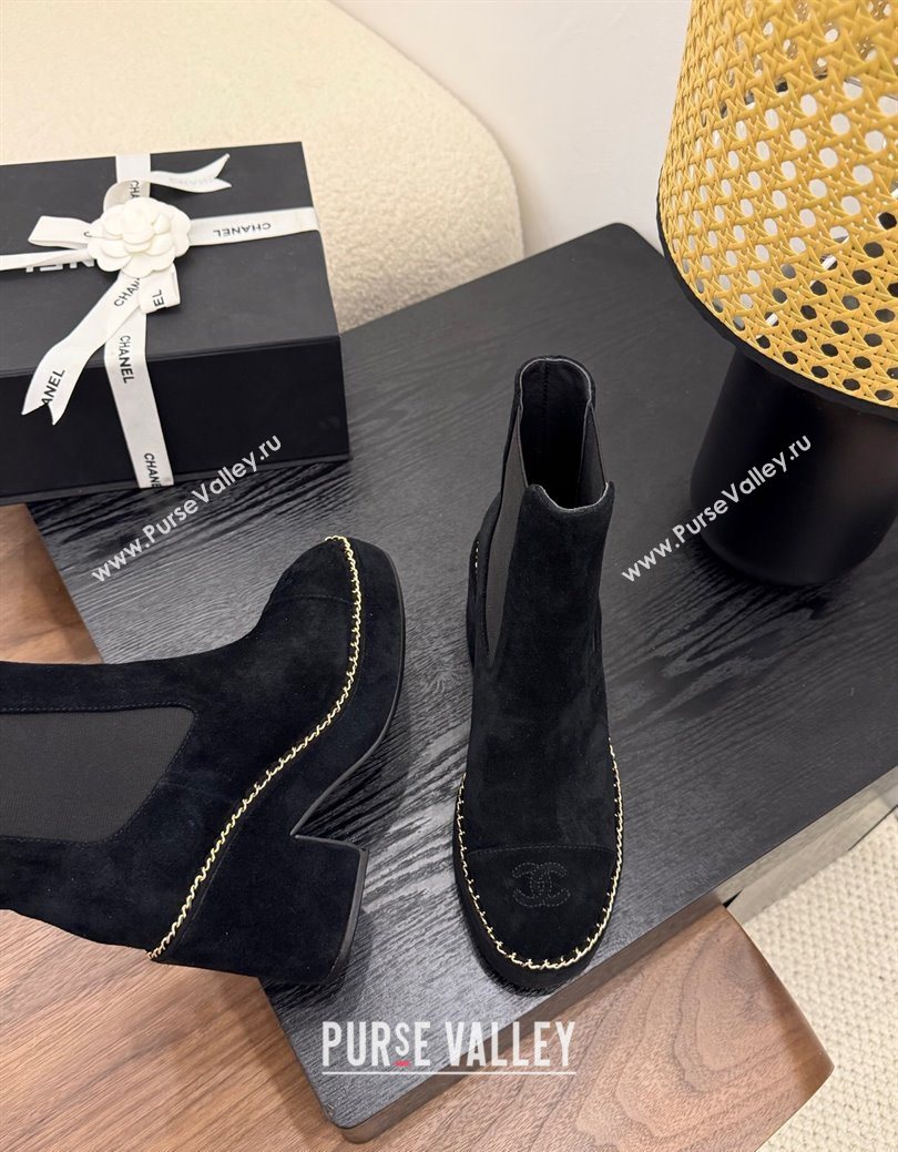 Chanel Suede Heel Platform Ankle Boots with Chain Black 2025 CH083005 (MD-250830021)