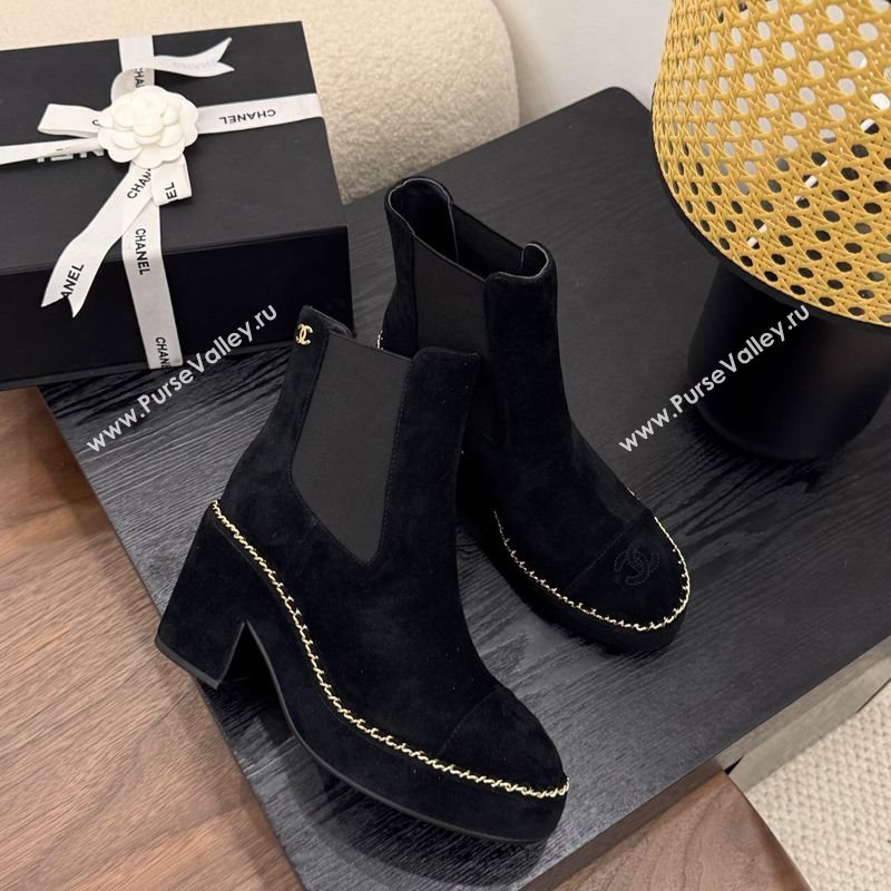 Chanel Suede Heel Platform Ankle Boots with Chain Black 2025 CH083005 (MD-250830021)