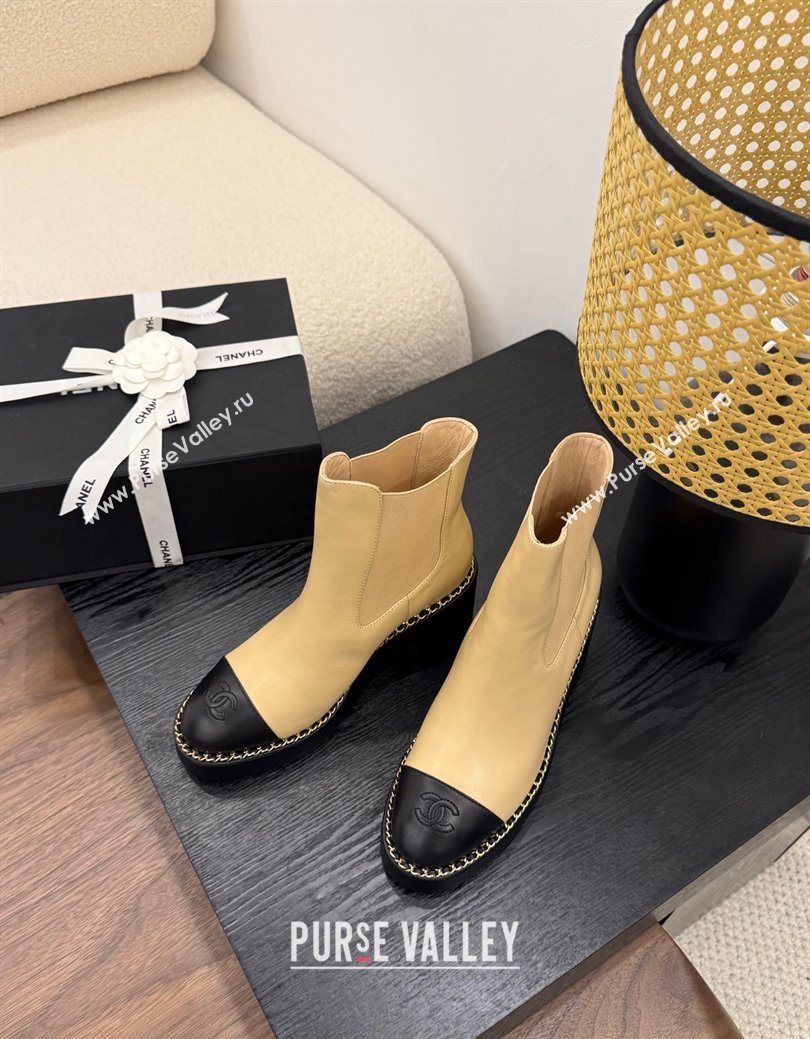 Chanel Calfskin Leather Heel Platform Ankle Boots with Chain Beige Yellow 2025 CH083005 (MD-250830023)