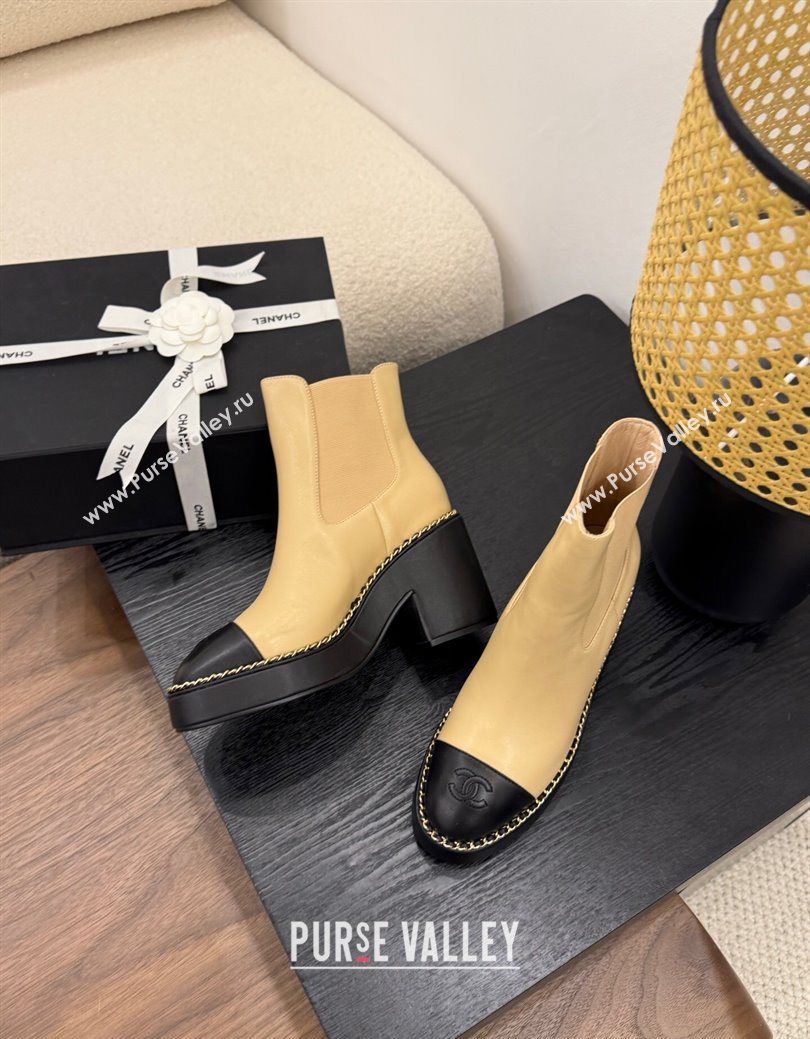 Chanel Calfskin Leather Heel Platform Ankle Boots with Chain Beige Yellow 2025 CH083005 (MD-250830023)