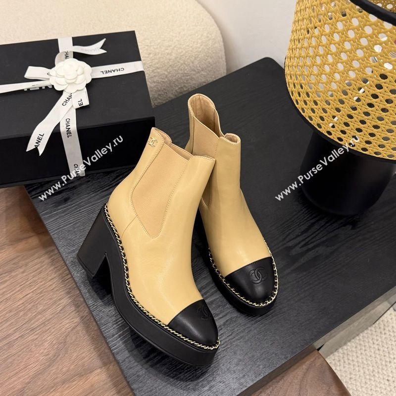 Chanel Calfskin Leather Heel Platform Ankle Boots with Chain Beige Yellow 2025 CH083005 (MD-250830023)