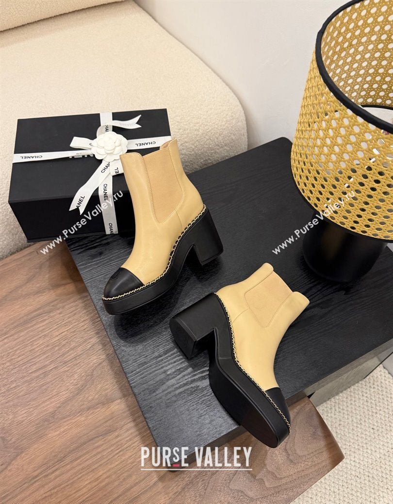 Chanel Calfskin Leather Heel Platform Ankle Boots with Chain Beige Yellow 2025 CH083005 (MD-250830023)