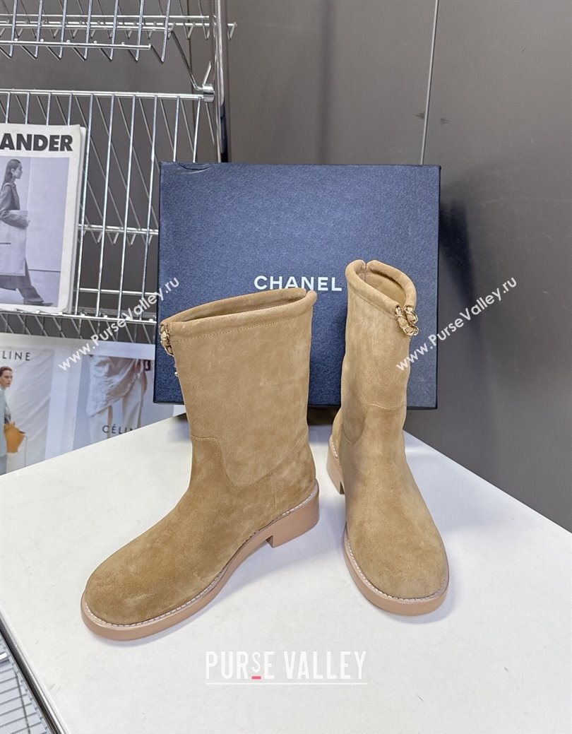 Chanel Suede Flat Ankle Boots 3.5cm with Dropped Chain Beige 2025 CH083001 (MD-250830004)