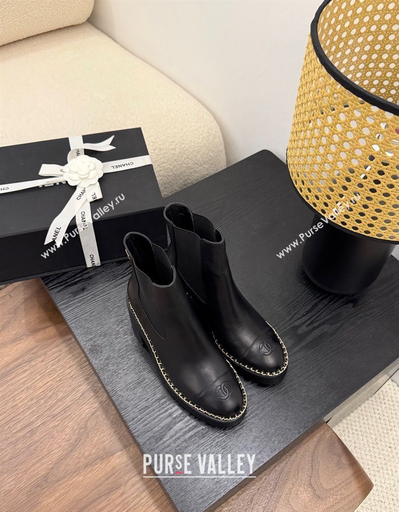 Chanel Calfskin Leather Heel Platform Ankle Boots with Chain Black 2025 CH083005 (MD-250830024)