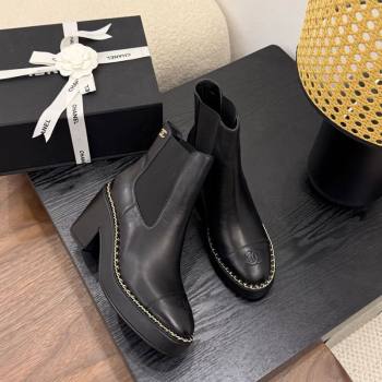 Chanel Calfskin Leather Heel Platform Ankle Boots with Chain Black 2025 CH083005 (MD-250830024)