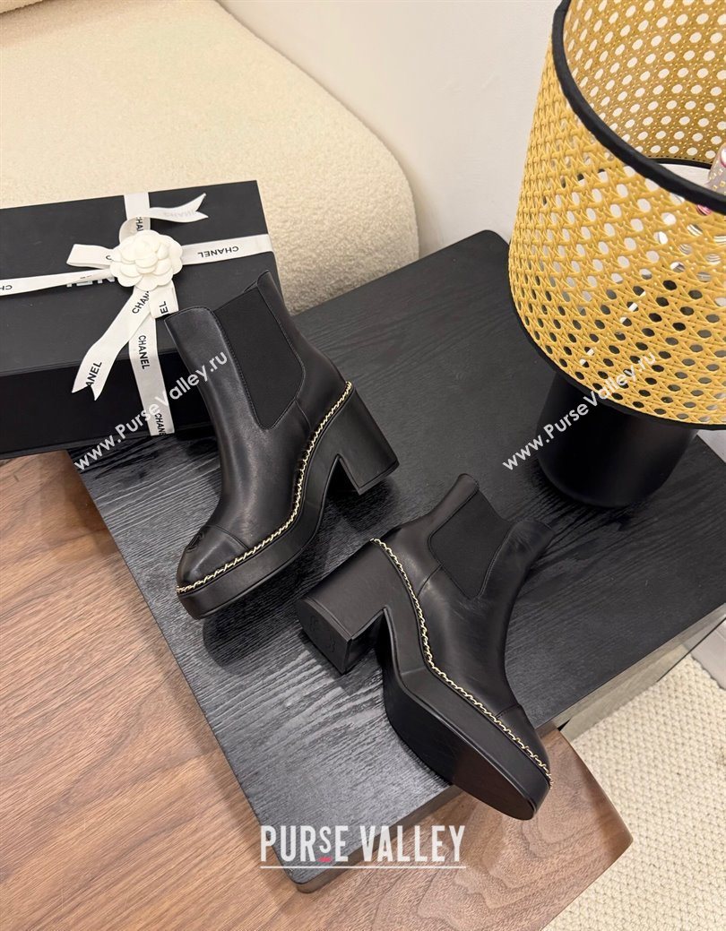 Chanel Calfskin Leather Heel Platform Ankle Boots with Chain Black 2025 CH083005 (MD-250830024)