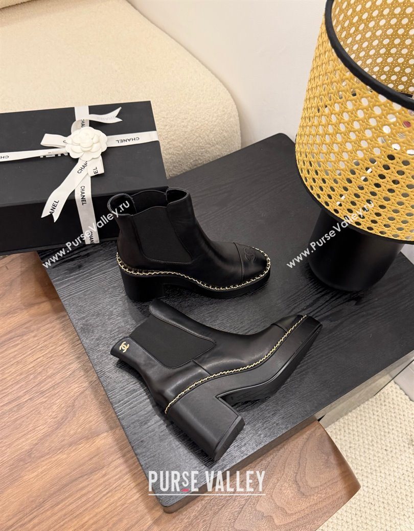 Chanel Calfskin Leather Heel Platform Ankle Boots with Chain Black 2025 CH083005 (MD-250830024)