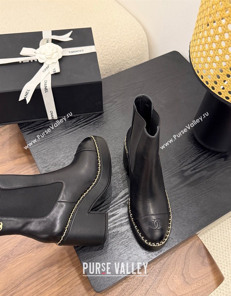 Chanel Calfskin Leather Heel Platform Ankle Boots with Chain Black 2025 CH083005 (MD-250830024)