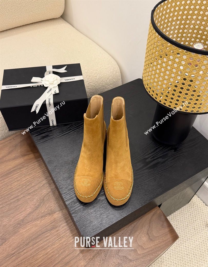 Chanel Suede Heel Platform Ankle Boots with Chain Brown 2025 CH083005 (MD-250830025)