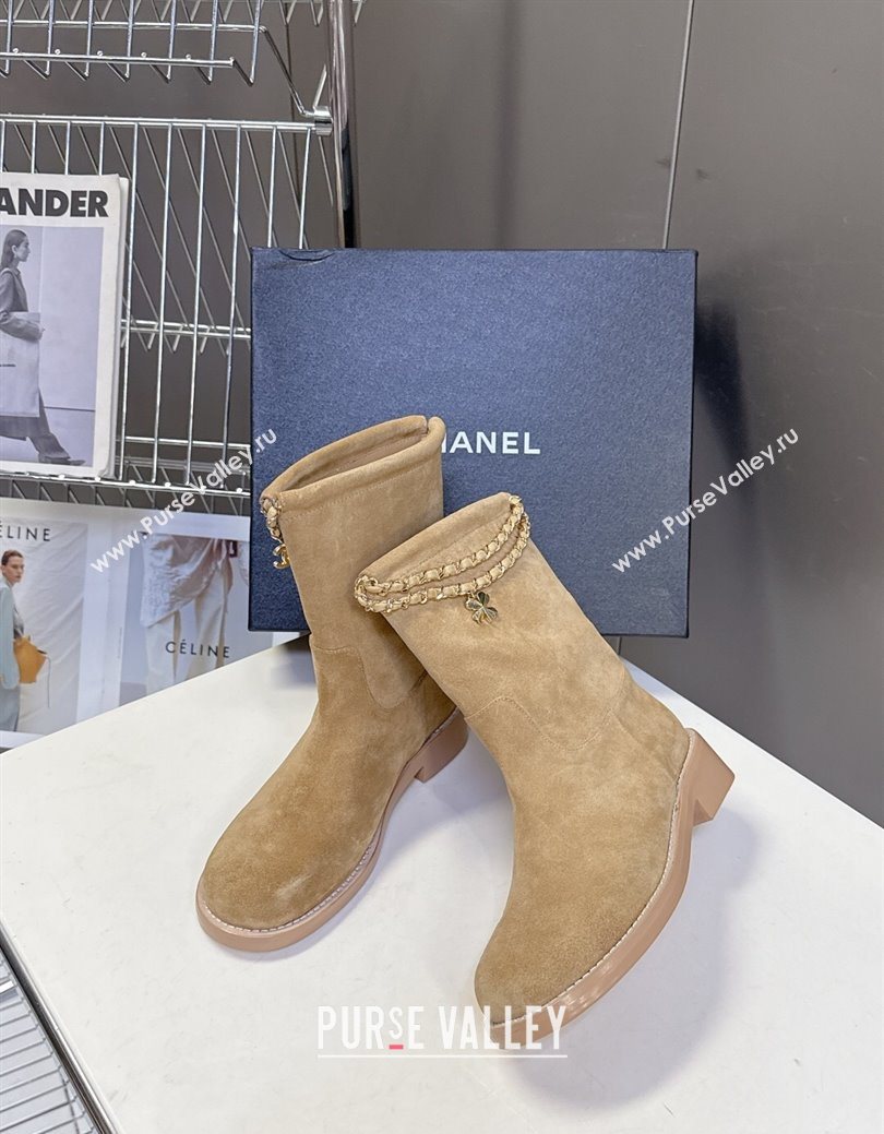 Chanel Suede Flat Ankle Boots 3.5cm with Dropped Chain Beige 2025 CH083001 (MD-250830004)