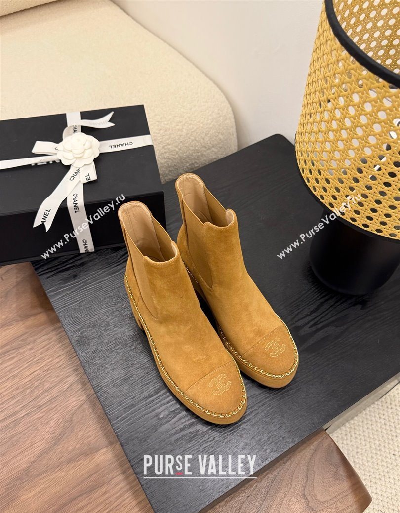 Chanel Suede Heel Platform Ankle Boots with Chain Brown 2025 CH083005 (MD-250830025)