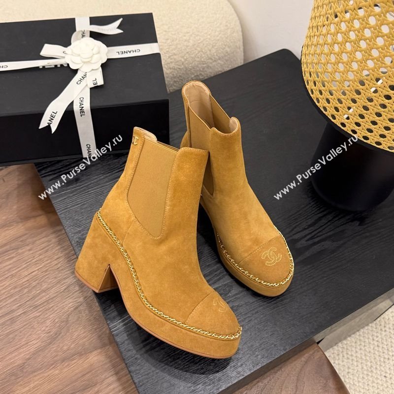 Chanel Suede Heel Platform Ankle Boots with Chain Brown 2025 CH083005 (MD-250830025)