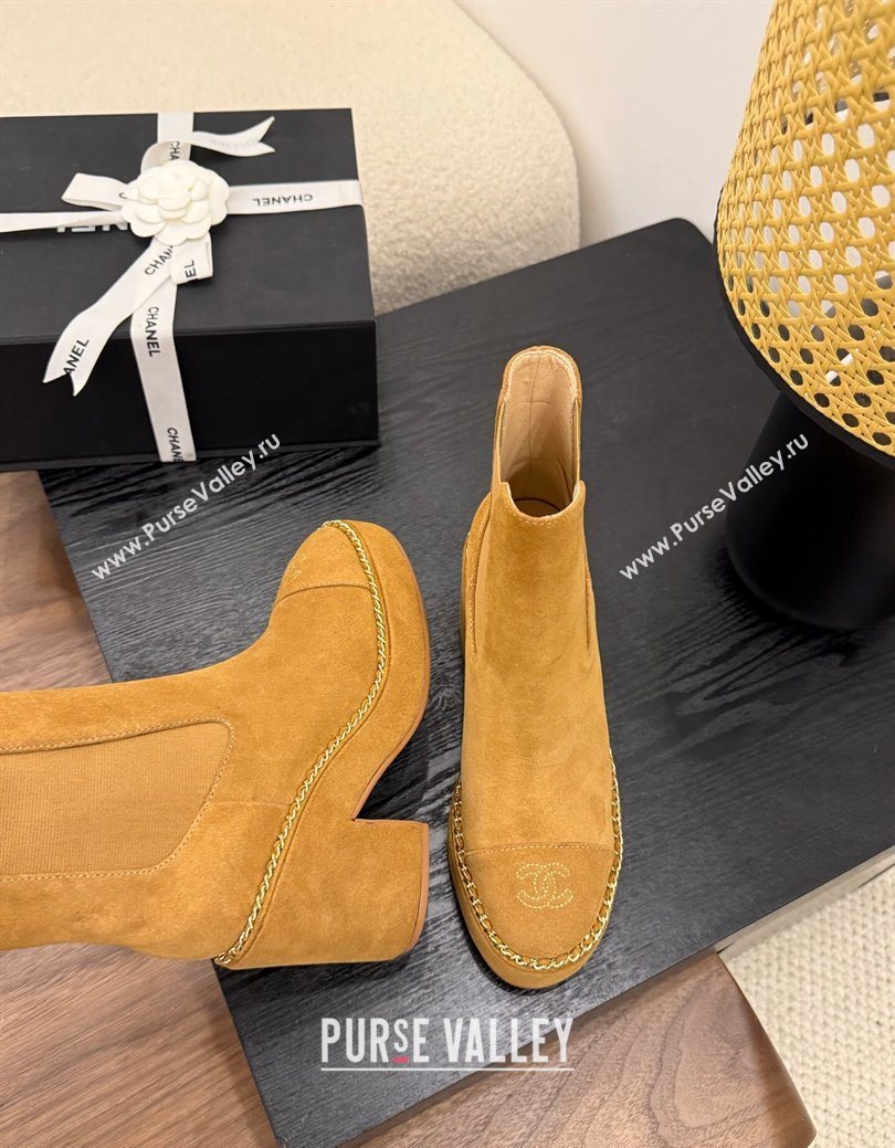 Chanel Suede Heel Platform Ankle Boots with Chain Brown 2025 CH083005 (MD-250830025)
