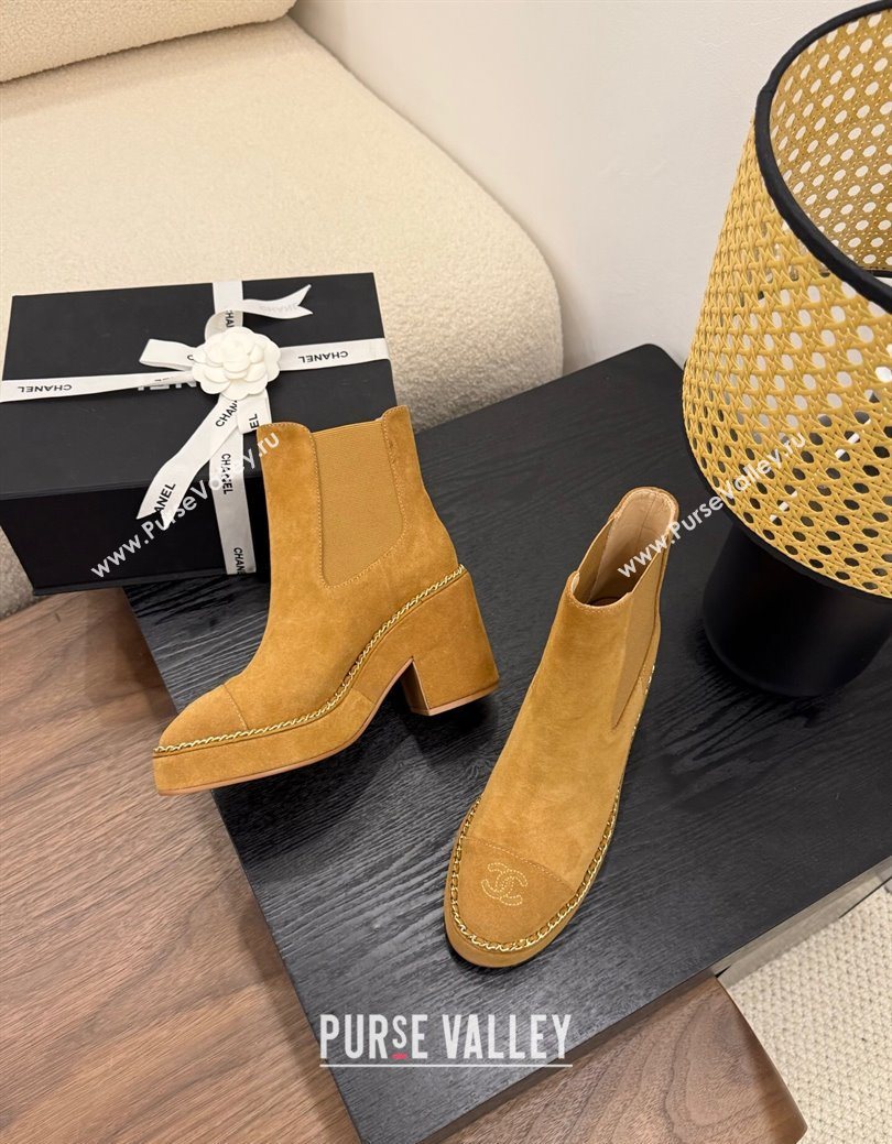Chanel Suede Heel Platform Ankle Boots with Chain Brown 2025 CH083005 (MD-250830025)