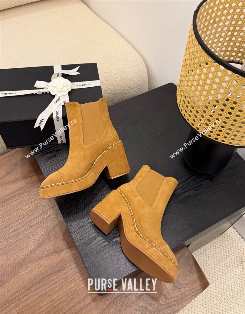 Chanel Suede Heel Platform Ankle Boots with Chain Brown 2025 CH083005 (MD-250830025)