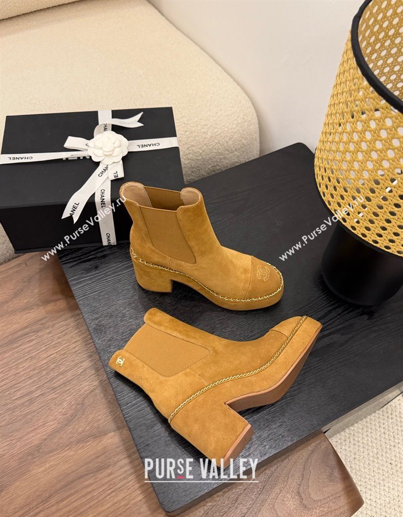 Chanel Suede Heel Platform Ankle Boots with Chain Brown 2025 CH083005 (MD-250830025)