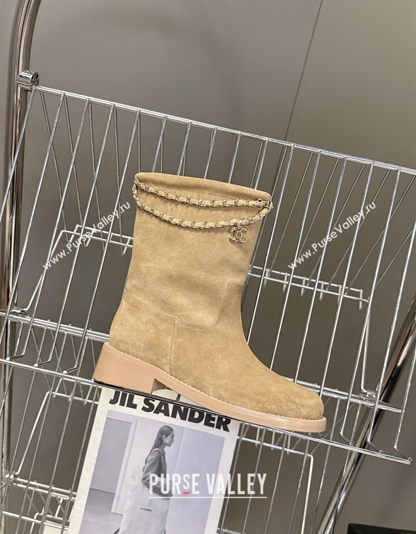 Chanel Suede Flat Ankle Boots 3.5cm with Dropped Chain Beige 2025 CH083001 (MD-250830004)