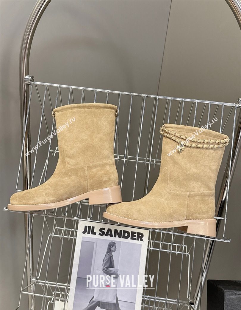 Chanel Suede Flat Ankle Boots 3.5cm with Dropped Chain Beige 2025 CH083001 (MD-250830004)
