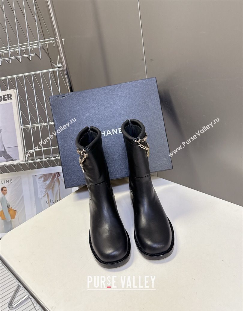 Chanel Calfskin Leather Flat Ankle Boots 3.5cm with Dropped Chain Black 2025 CH083001 (MD-250830005)