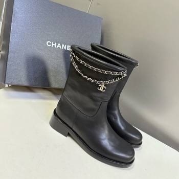 Chanel Calfskin Leather Flat Ankle Boots 3.5cm with Dropped Chain Black 2025 CH083001 (MD-250830005)