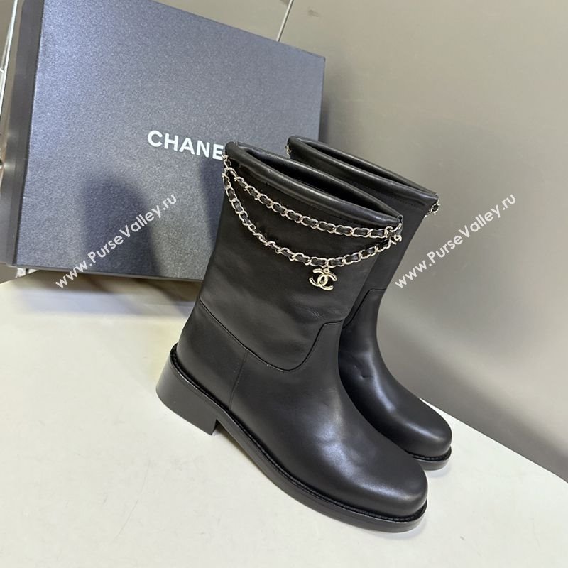 Chanel Calfskin Leather Flat Ankle Boots 3.5cm with Dropped Chain Black 2025 CH083001 (MD-250830005)