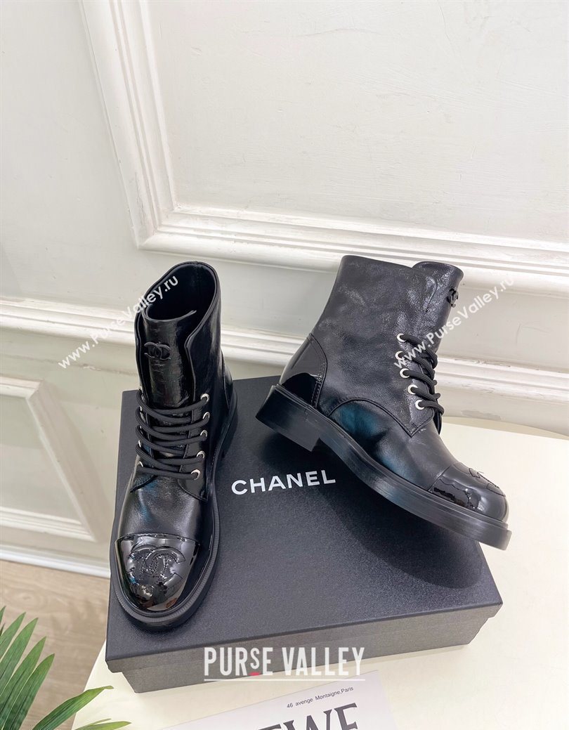 Chanel Patent Calfskin Laced-up Ankle Boots 3.5cm Black 2025 CH083006 (MD-250830033)
