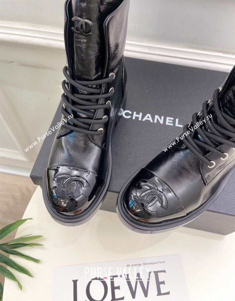 Chanel Patent Calfskin Laced-up Ankle Boots 3.5cm Black 2025 CH083006 (MD-250830033)
