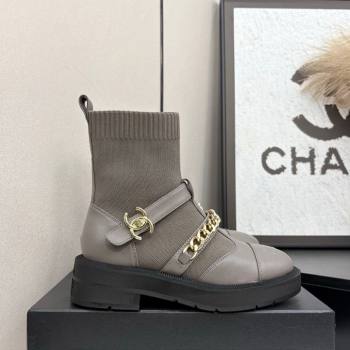 Chanel Knit Calfskin Ankle Boots with Buckle and Chain Grey 2025 CH083007 (MD-250830035)