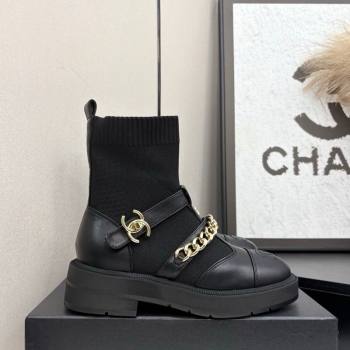 Chanel Knit Calfskin Ankle Boots with Buckle and Chain Black 2025 CH083007 (MD-250830036)