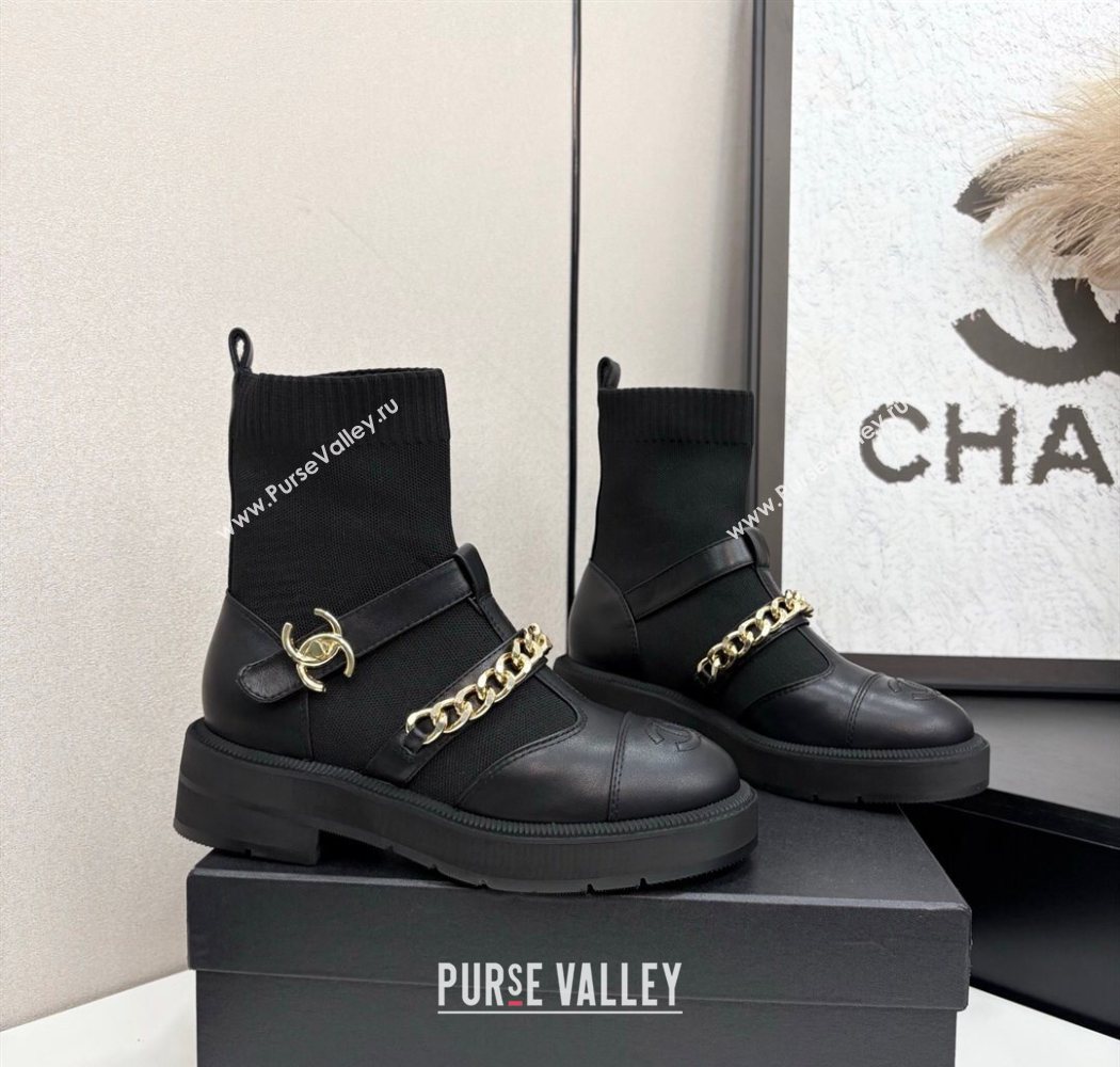 Chanel Knit Calfskin Ankle Boots with Buckle and Chain Black 2025 CH083007 (MD-250830036)