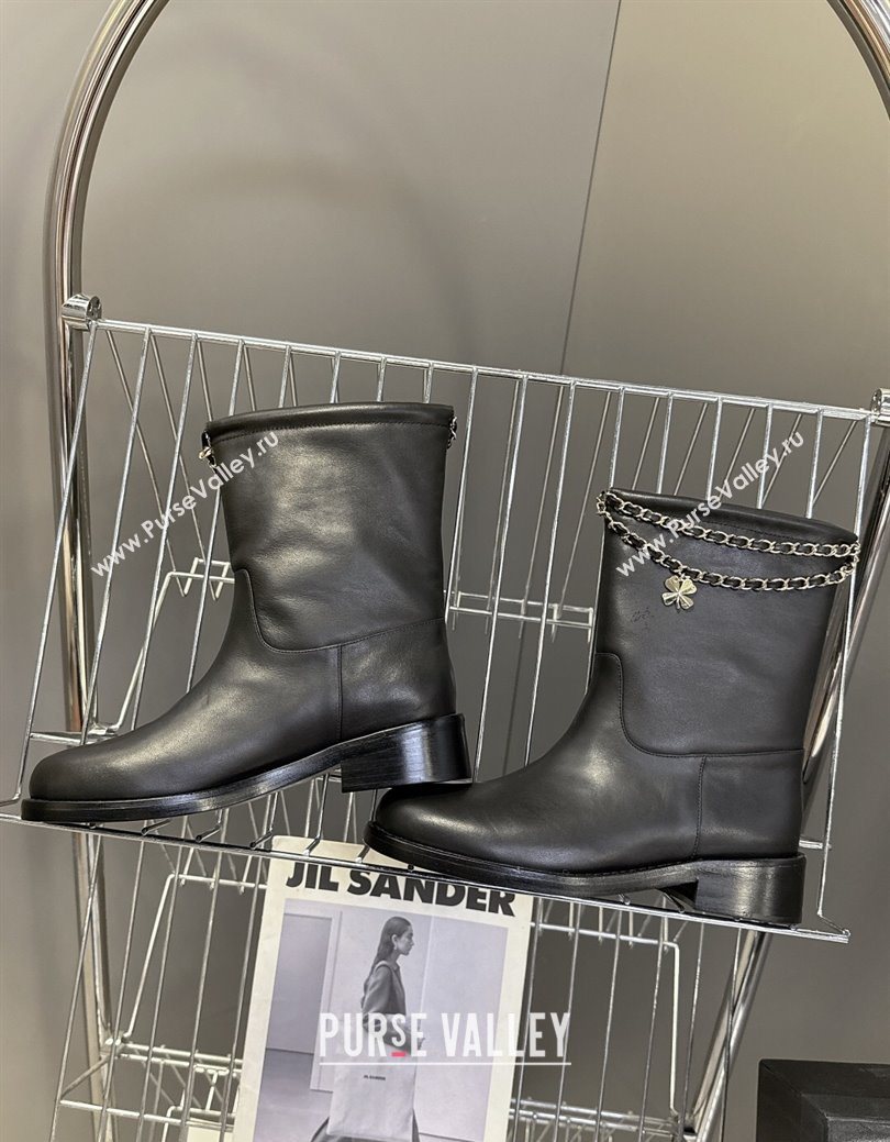 Chanel Calfskin Leather Flat Ankle Boots 3.5cm with Dropped Chain Black 2025 CH083001 (MD-250830005)