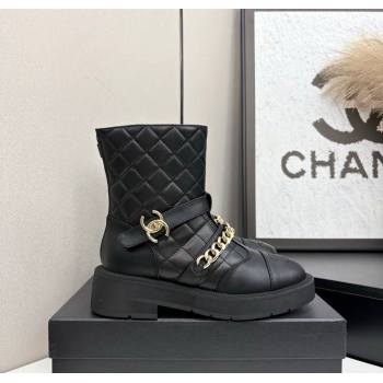 Chanel Quilted Calfskin Leather Ankle Boots with Buckle and Chain Black 2025 CH083007 (MD-250830040)