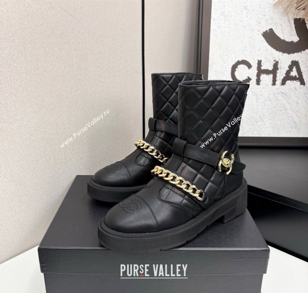 Chanel Quilted Calfskin Leather Ankle Boots with Buckle and Chain Black 2025 CH083007 (MD-250830040)