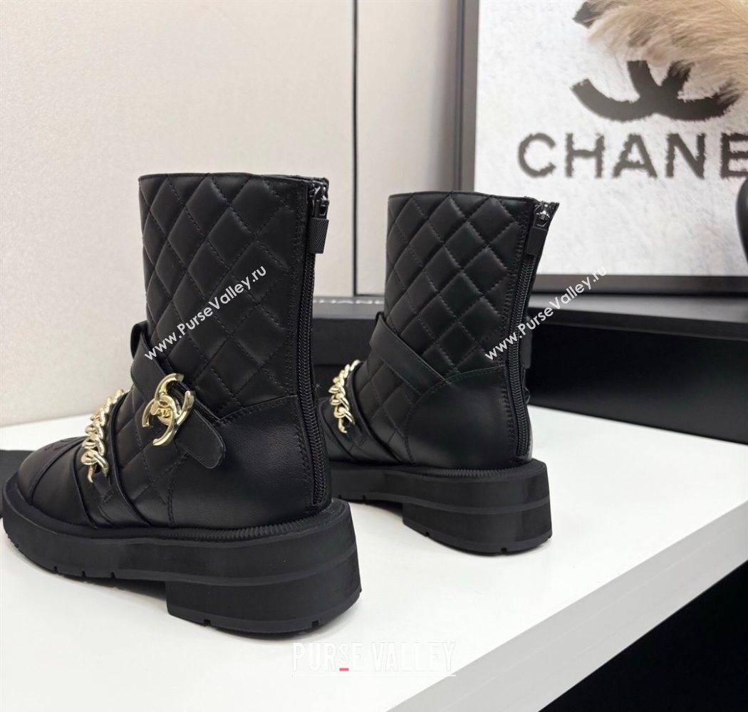 Chanel Quilted Calfskin Leather Ankle Boots with Buckle and Chain Black 2025 CH083007 (MD-250830040)