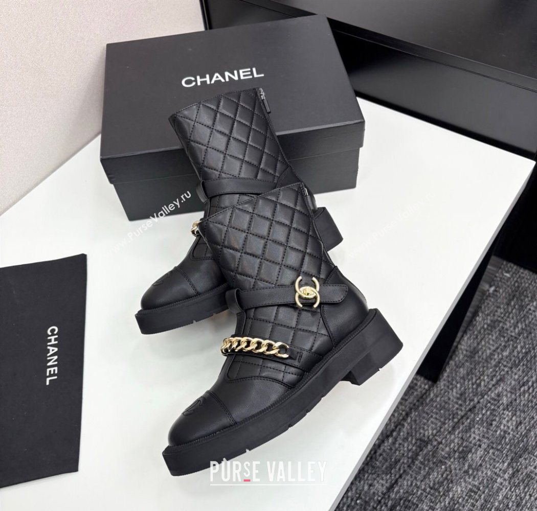 Chanel Quilted Calfskin Leather Ankle Boots with Buckle and Chain Black 2025 CH083007 (MD-250830040)