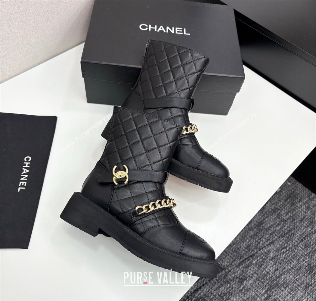 Chanel Quilted Calfskin Leather Ankle Boots with Buckle and Chain Black 2025 CH083007 (MD-250830040)