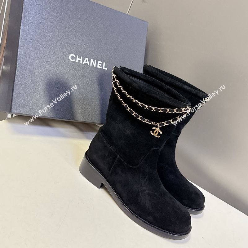 Chanel Suede Flat Ankle Boots 3.5cm with Dropped Chain Black 2025 CH083001 (MD-250830006)